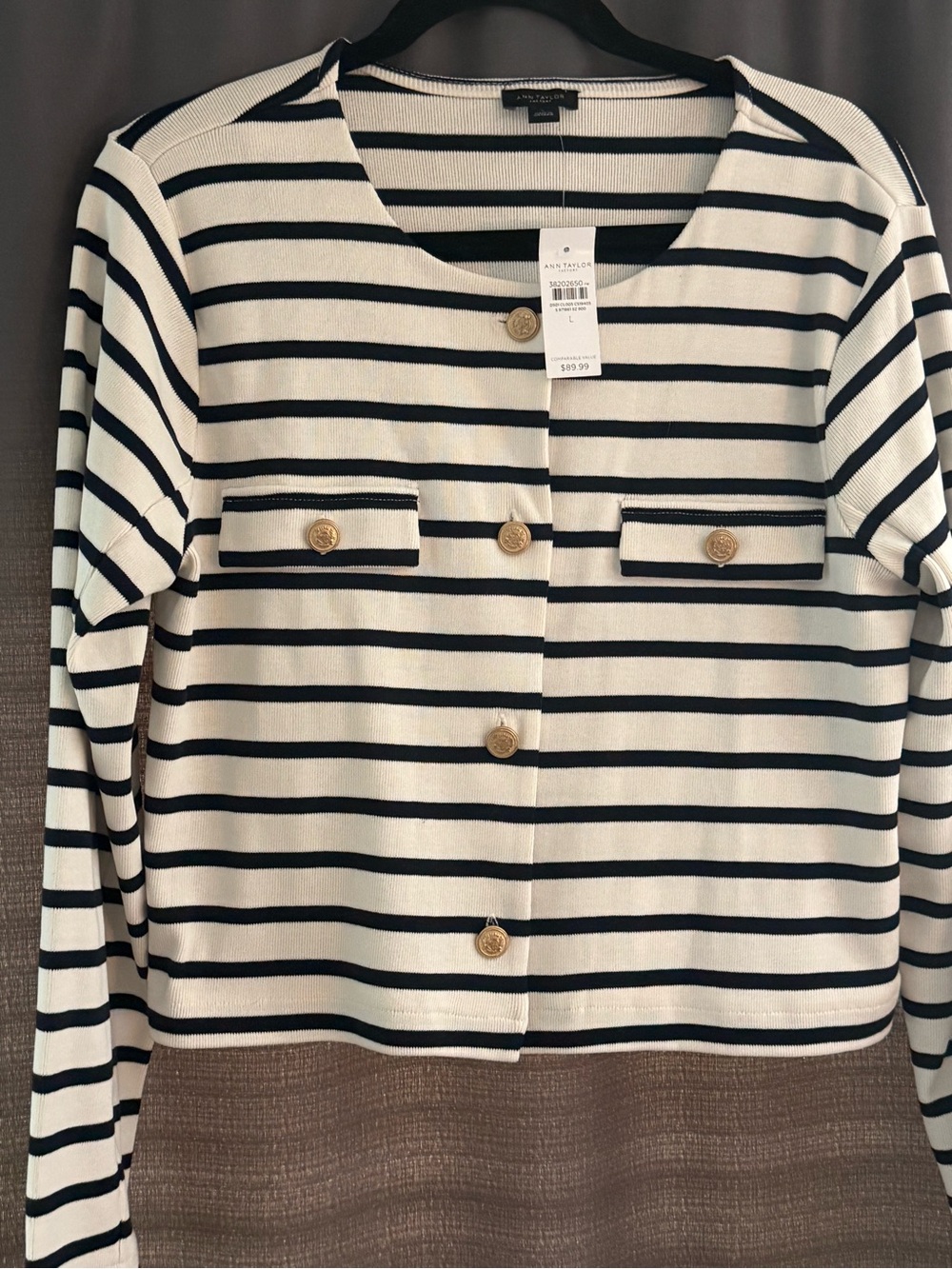 Ann Taylor Cream and navy Striped Button Front Blazer